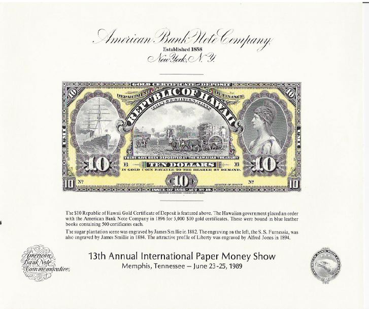 1989 ABNCo  Souvenir Card SO67 $10.00 Republic of Hawaii Gold Certificate 